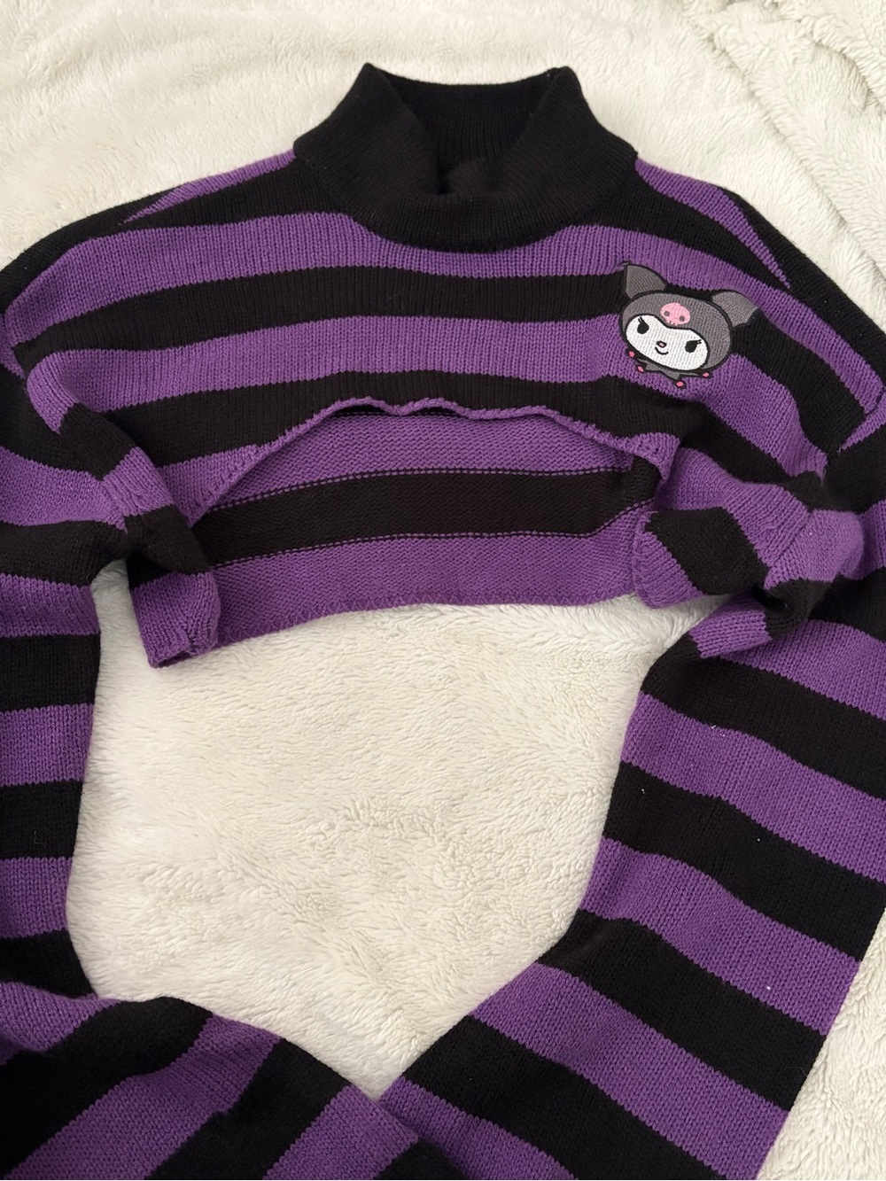 Sanrio Black & Purple Striped Cropped Turtleneck Sweater - Kuromi Patch